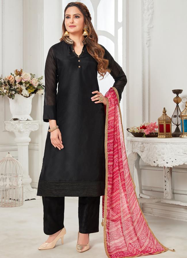 Black Chanderi Silk Festival Wear Resham Work Readymade Salwar Suit